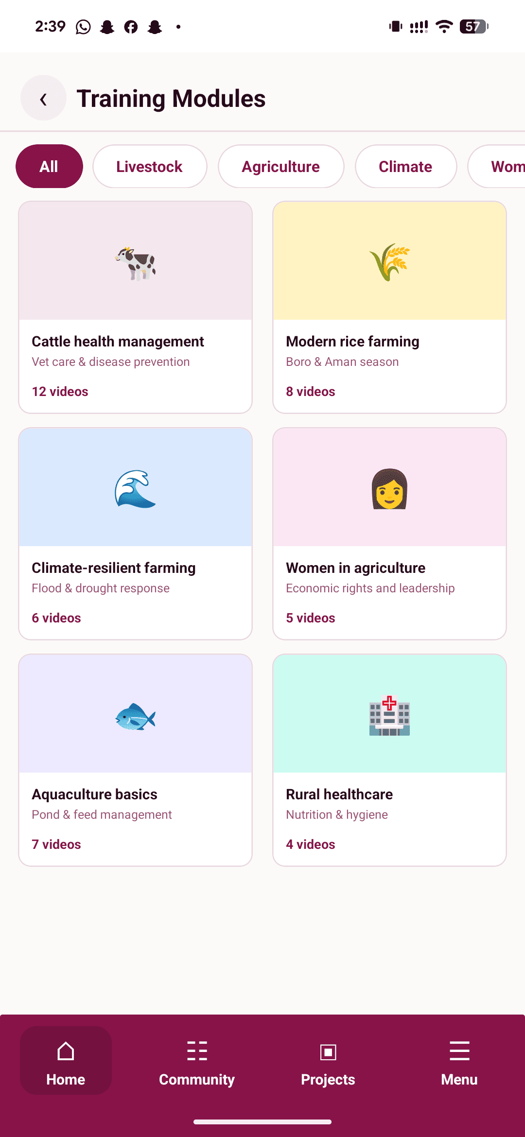 Training modules in the Shathi Sheba app