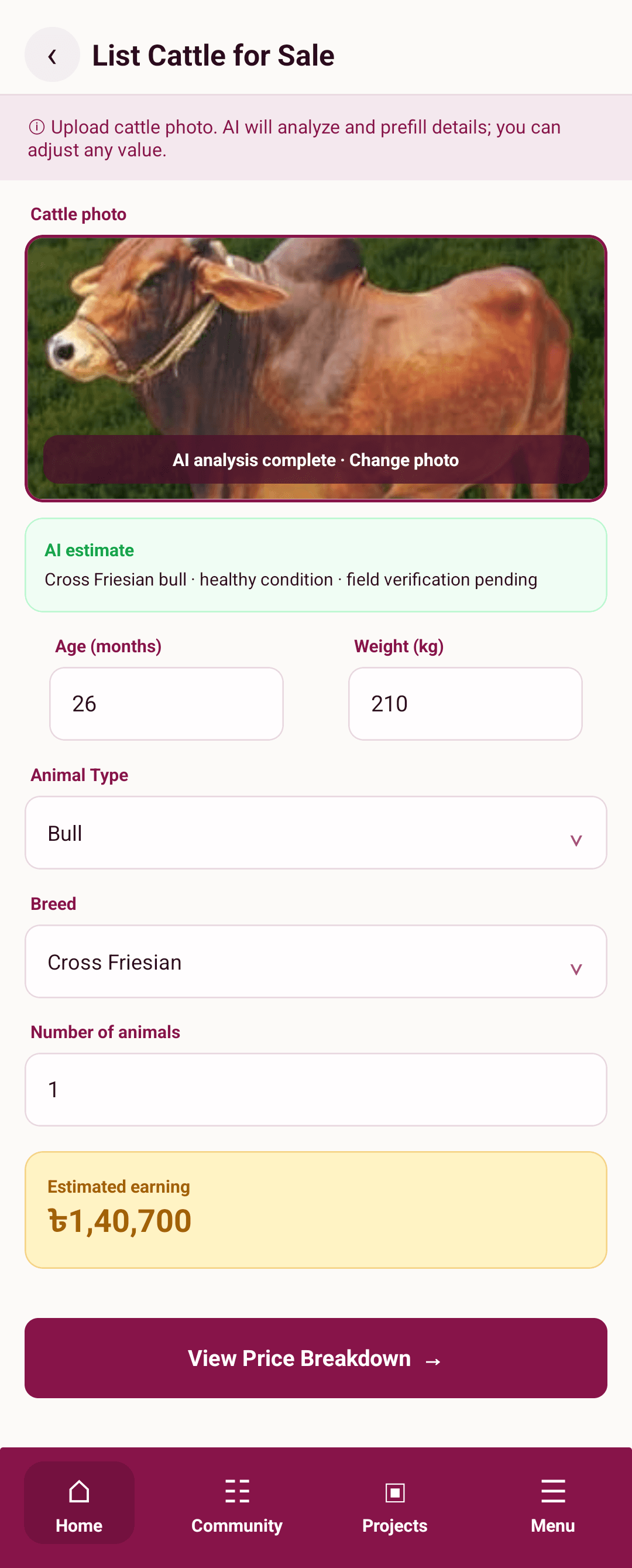 Price and earnings breakdown in the app